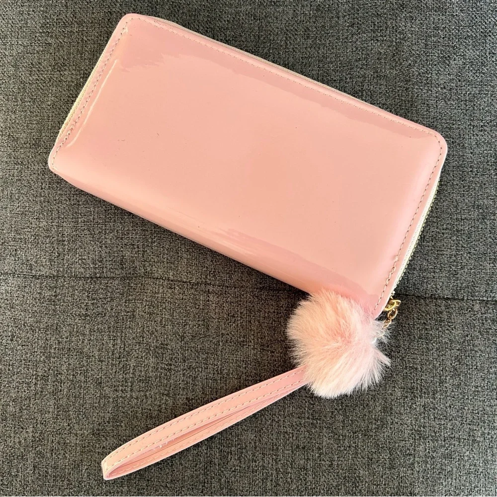 Pink Patent Butterfly Double Zip Around Wallet / Wristlet with Pom Pom Charm